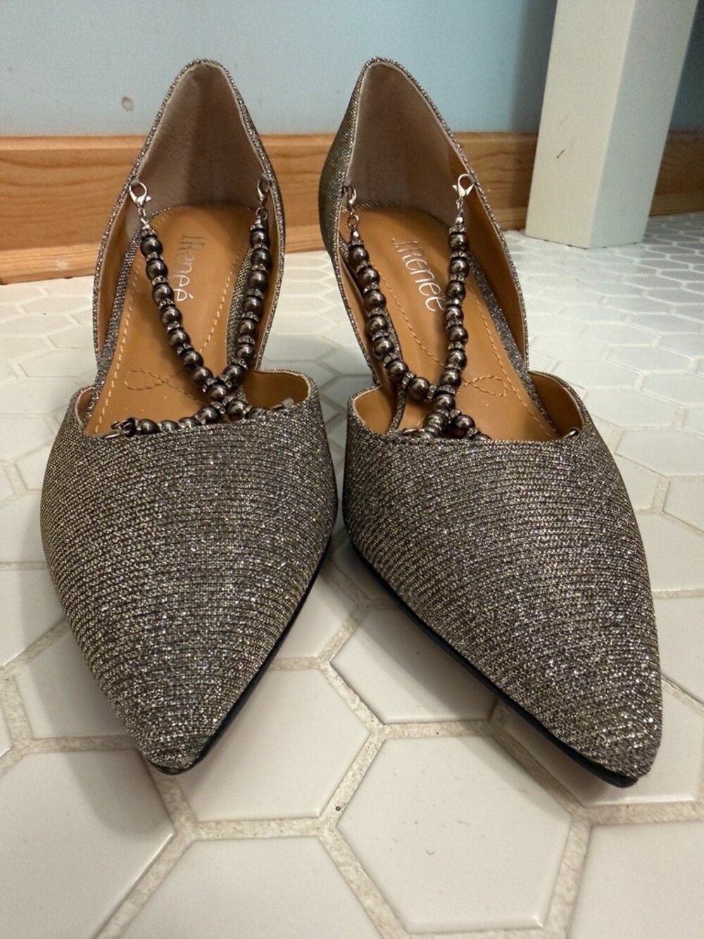 J. Renee Zayna Pewter Glitter D'Orsay Pumps Beaded Heels 7.5 New - Picture 7 of 10